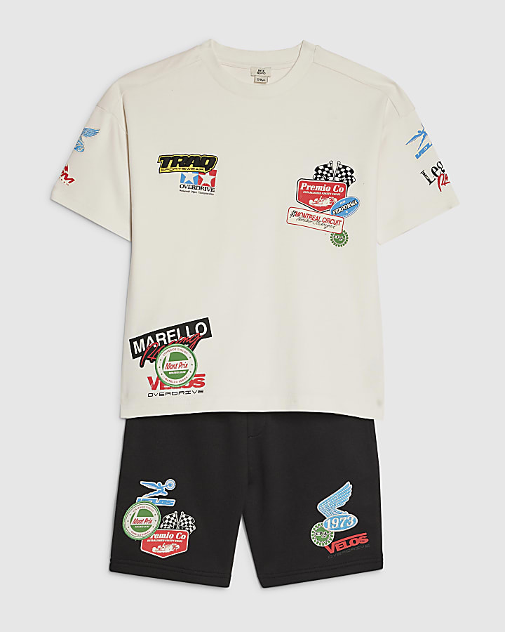 river island Boys White Motorsport T-Shirt And Shorts Set