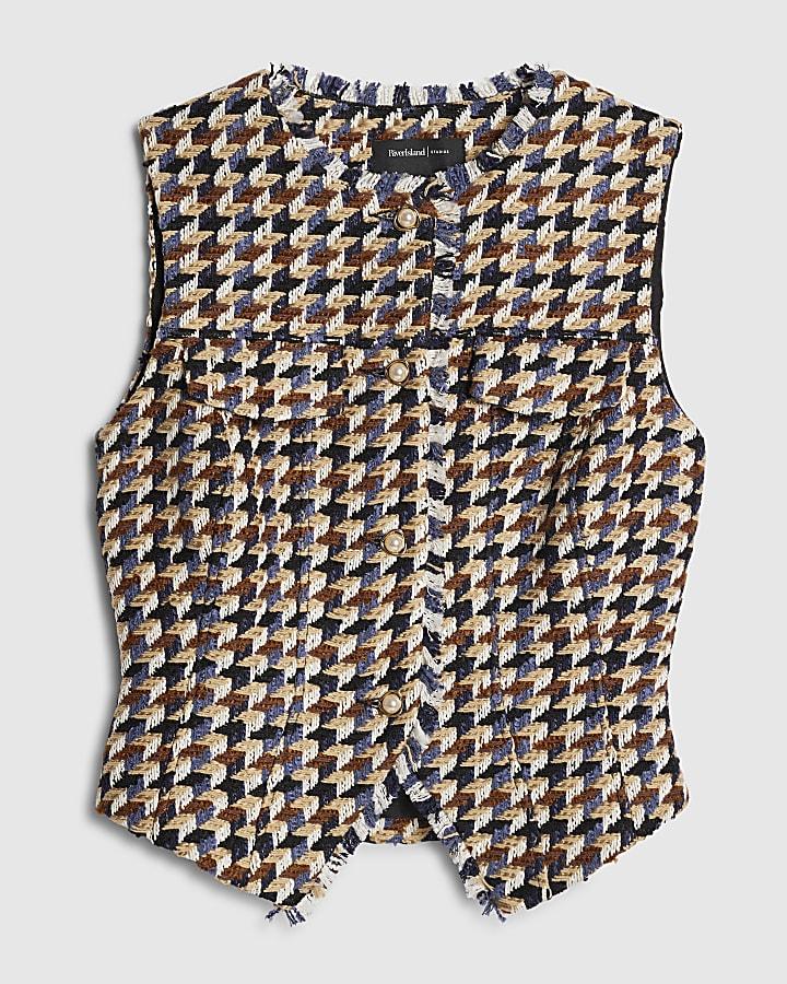 river island Brown Boucle Sleeveless Fringed Waistcoat