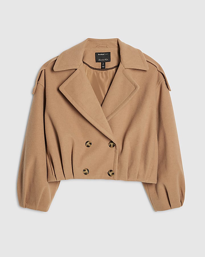 river island Brown Bubble Hem Double Breasted Jacket