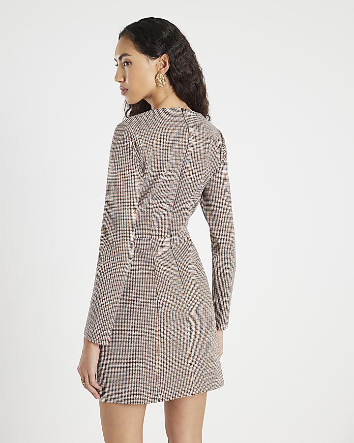 River Island Brown Check Long Sleeve Corset Mini Dress