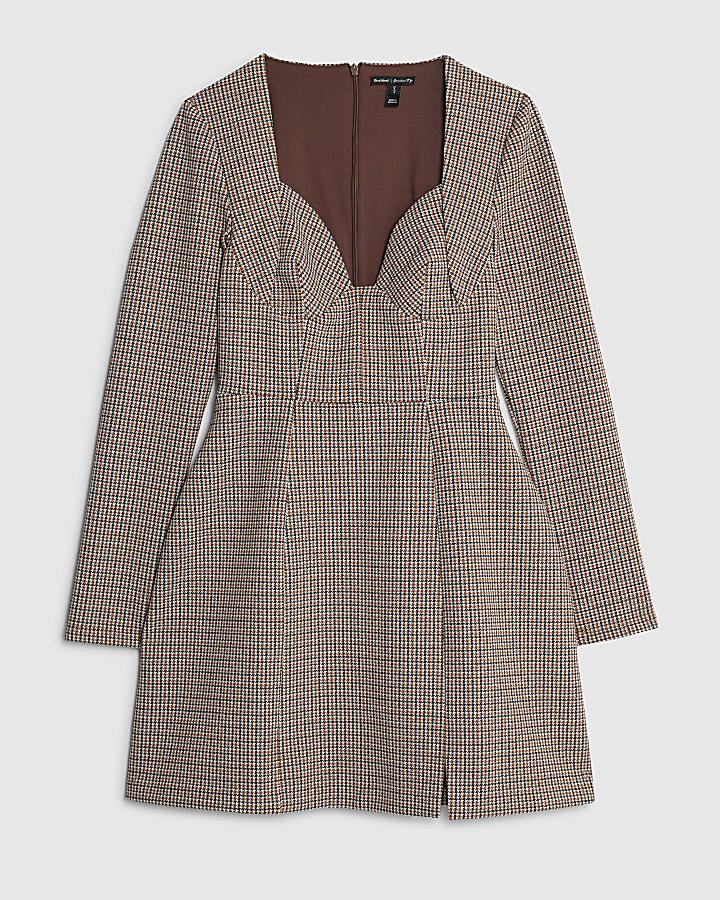 river island Brown Check Long Sleeve Corset Mini Dress
