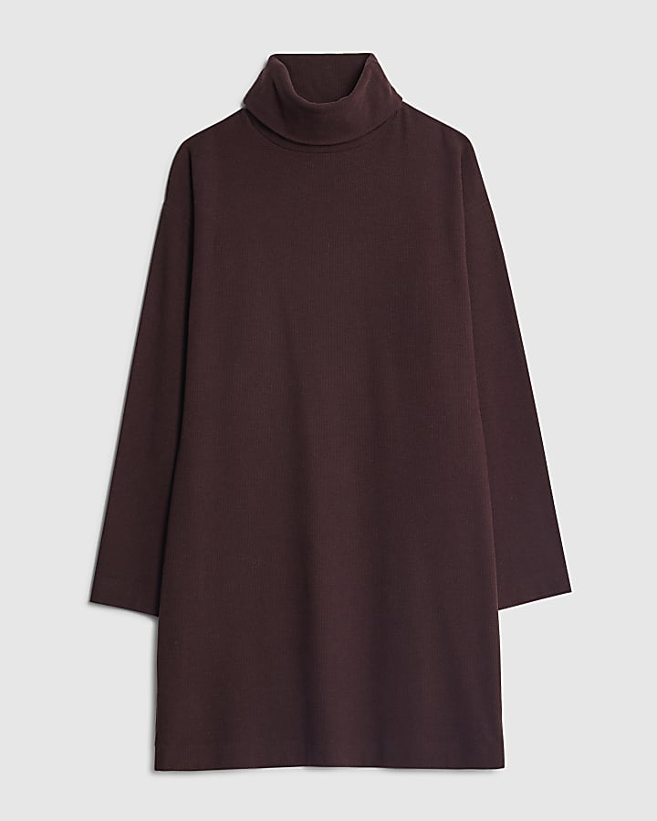 river island Brown Cosy Long Sleeve High Neck Mini Dress