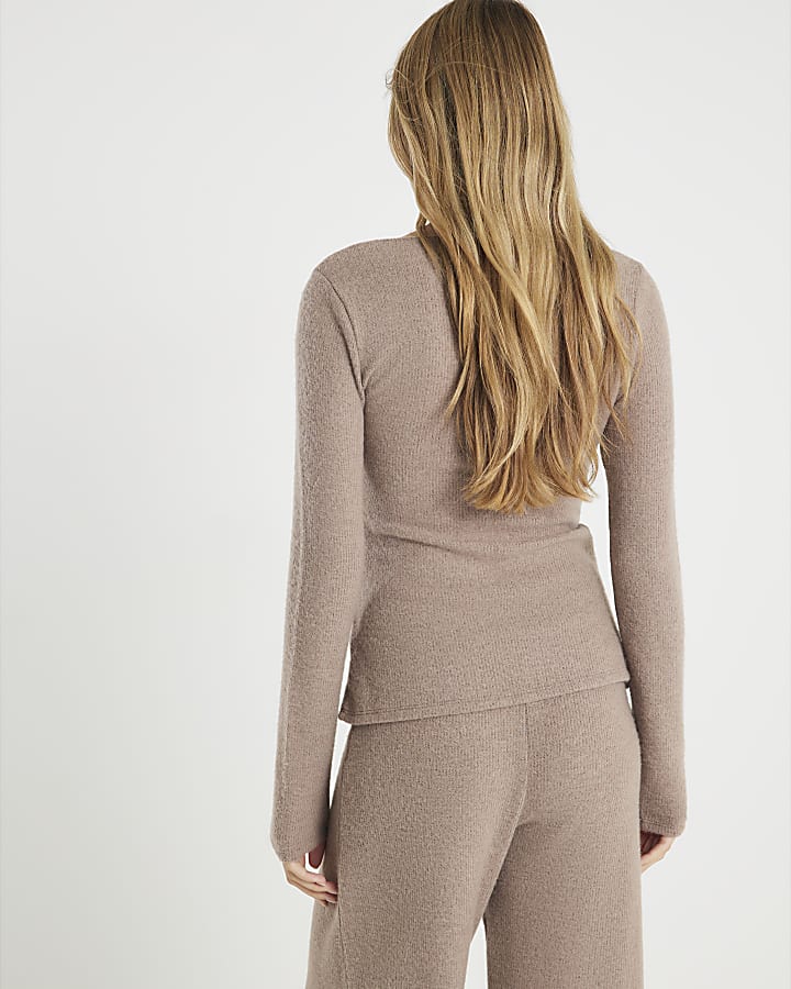 River Island Brown Cosy Long Sleeve Twist Front Top