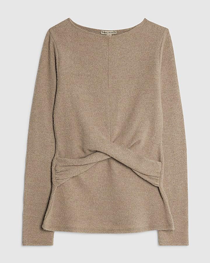 river island Brown Cosy Long Sleeve Twist Front Top