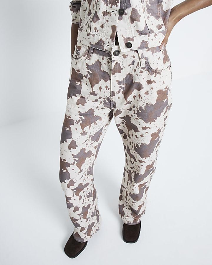 River Island Brown Cow Print Relaxed Straight Jeans