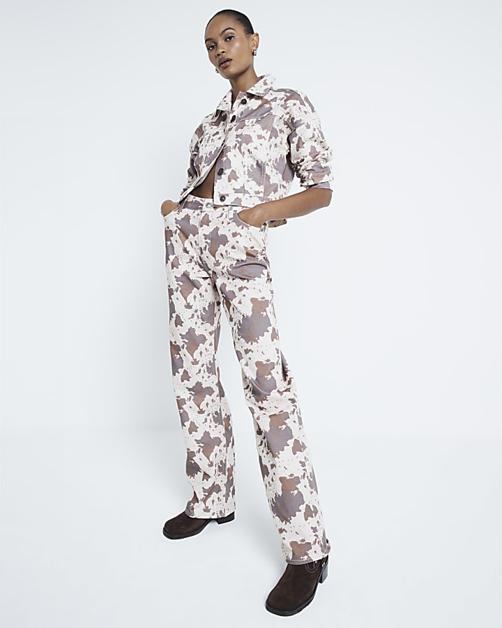 River Island Brown Cow Print Relaxed Straight Jeans