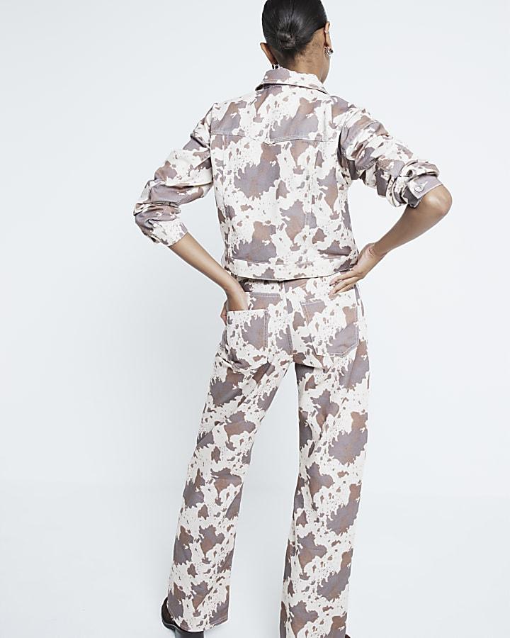 River Island Brown Cow Print Relaxed Straight Jeans