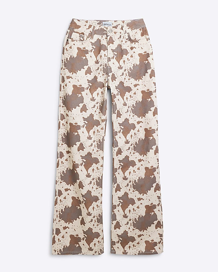 river island Brown Cow Print Relaxed Straight Jeans