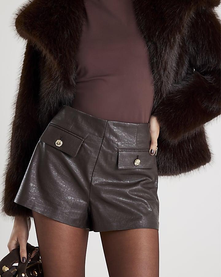River Island Brown Croc Print Pocket Detail Hotpant Shorts