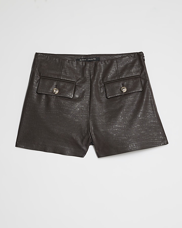 river island Brown Croc Print Pocket Detail Hotpant Shorts