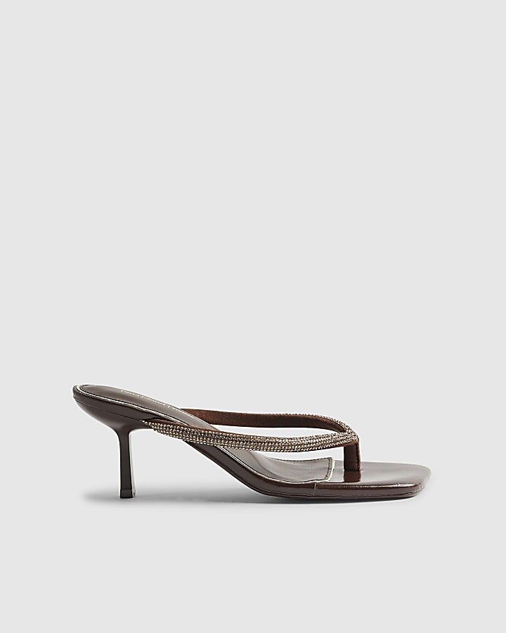 River Island Brown Diamante Toe Thong Heeled Sandals