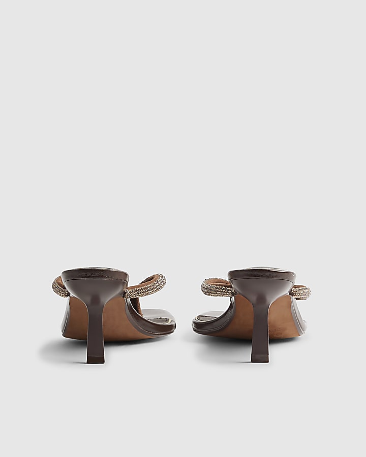 River Island Brown Diamante Toe Thong Heeled Sandals