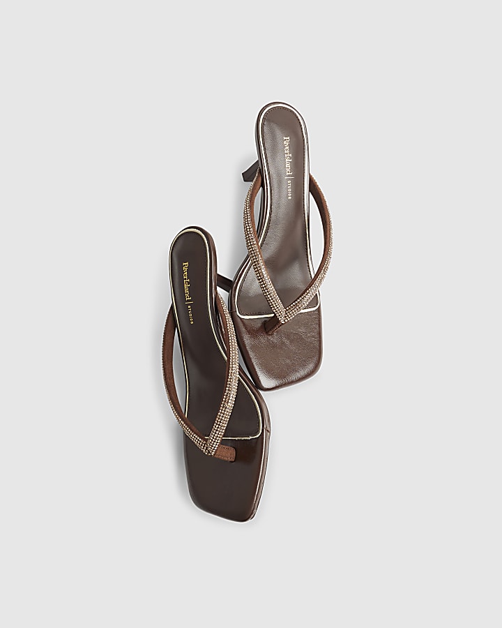 River Island Brown Diamante Toe Thong Heeled Sandals