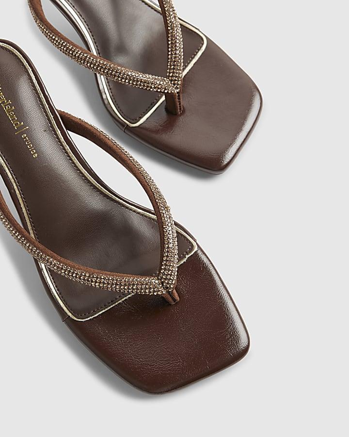 river island Brown Diamante Toe Thong Heeled Sandals