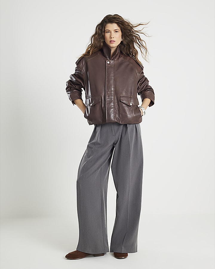 River Island Brown Distressed Leather Bomber Jacket
