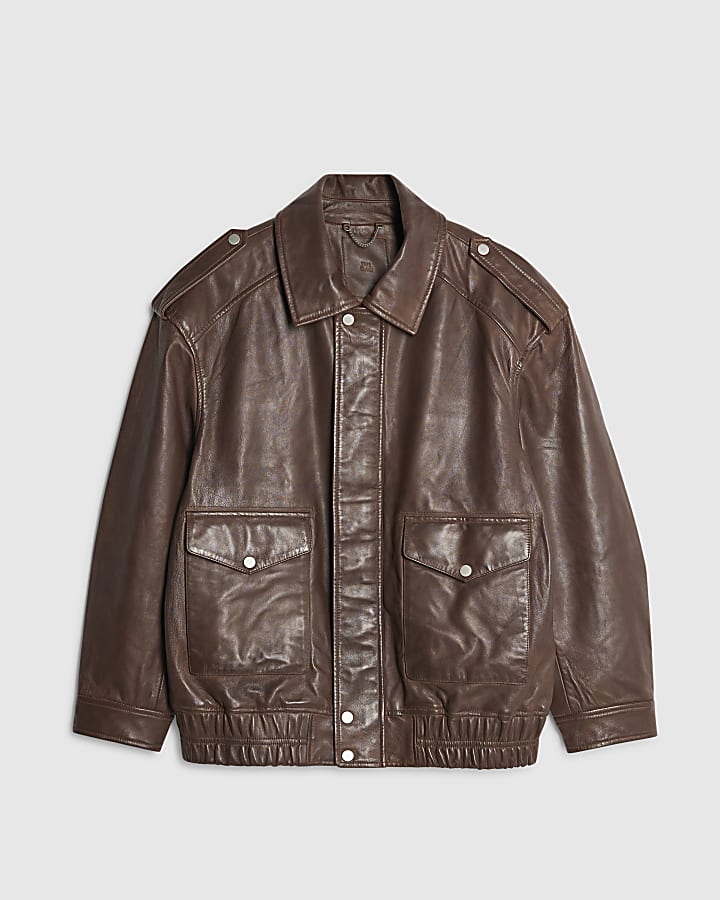 river island Brown Distressed Leather Bomber Jacket