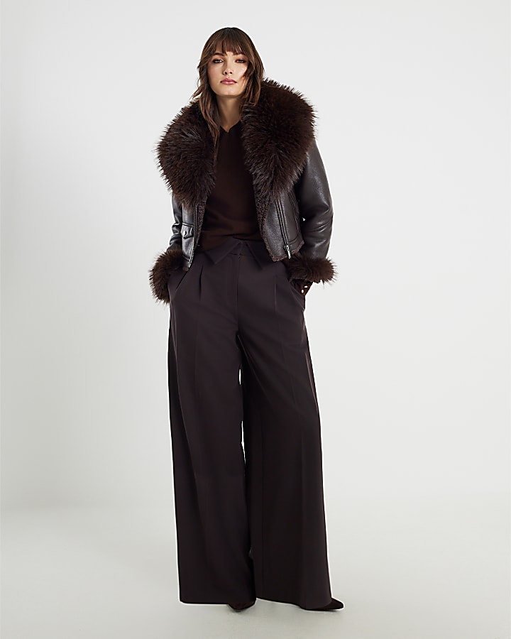 River Island Brown Faux Fur Collar Cropped Biker Jacket