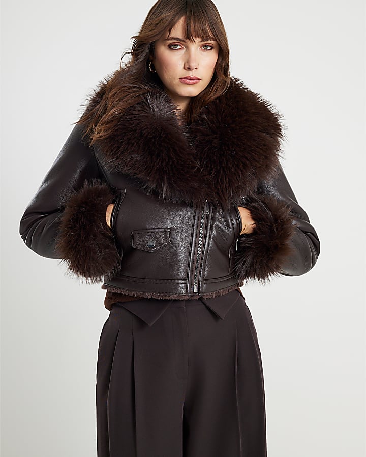 River Island Brown Faux Fur Collar Cropped Biker Jacket