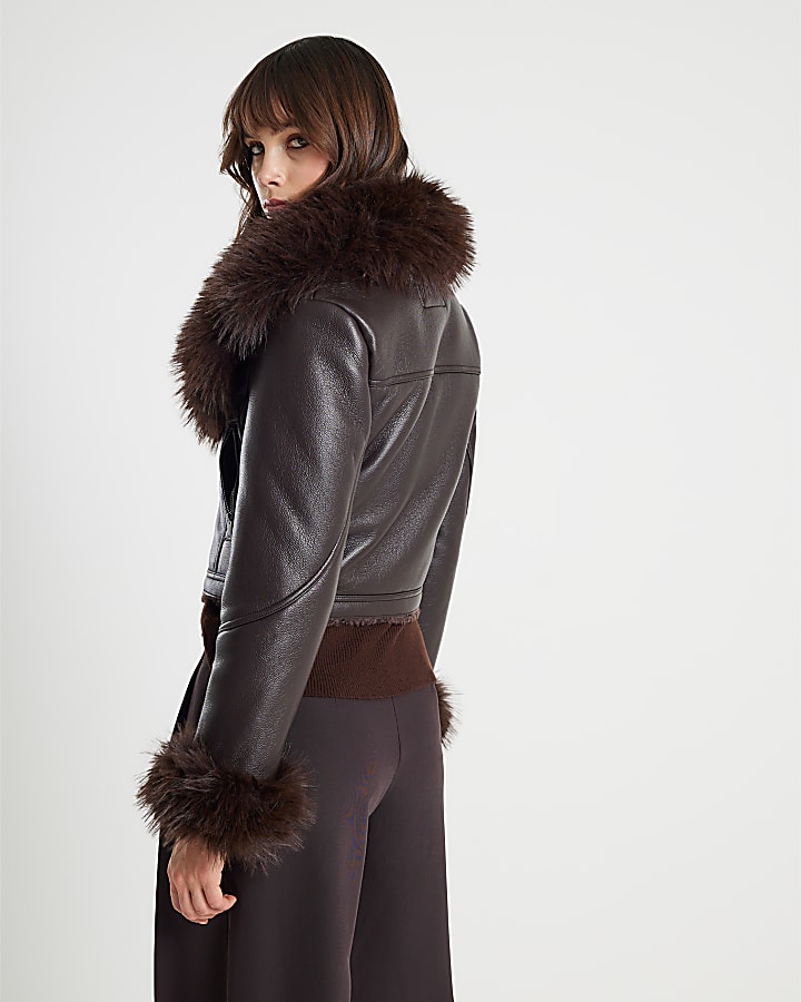 River Island Brown Faux Fur Collar Cropped Biker Jacket