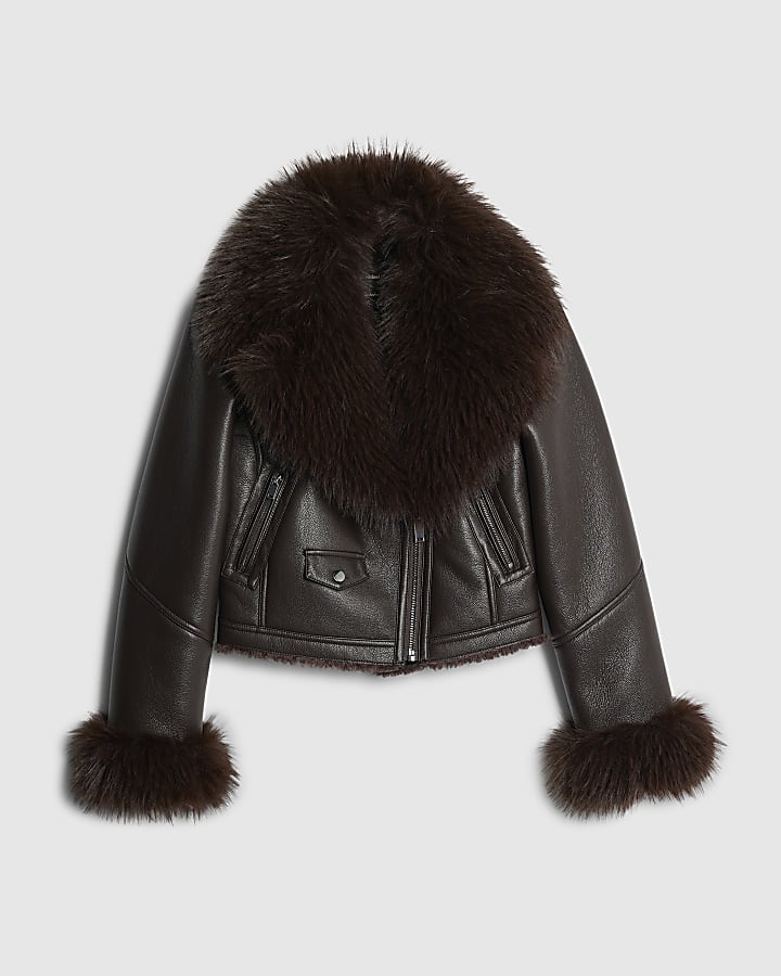 river island Brown Faux Fur Collar Cropped Biker Jacket