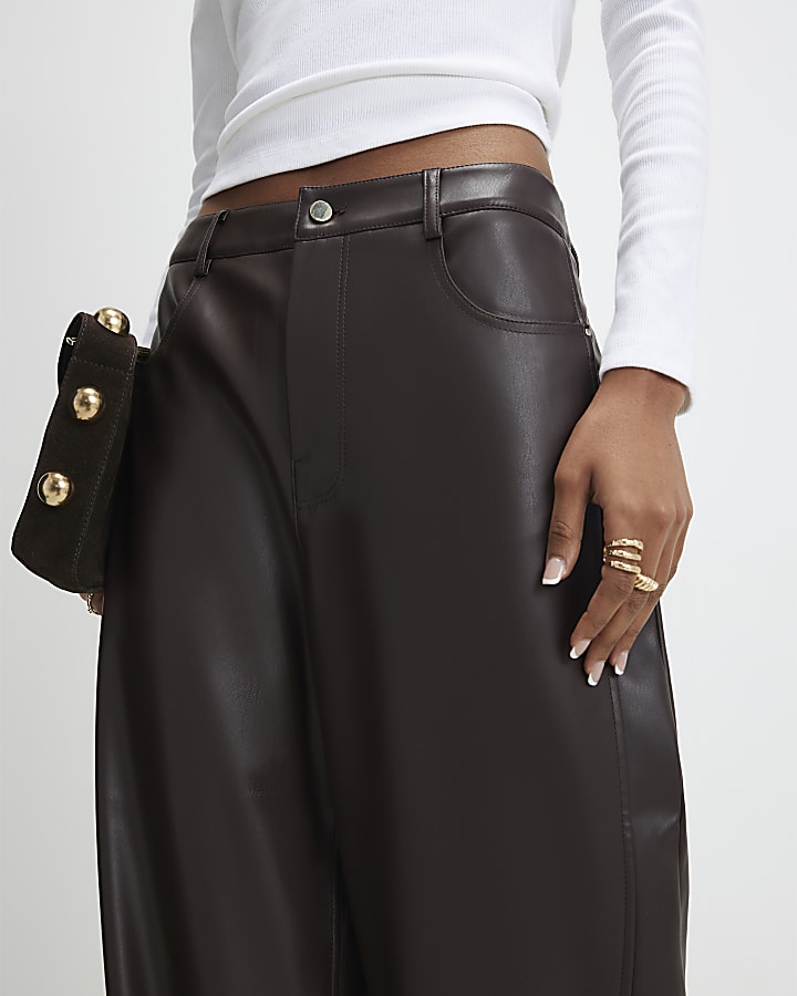 River Island Brown Faux Leather Barrel Leg Trousers