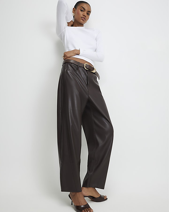 River Island Brown Faux Leather Barrel Leg Trousers