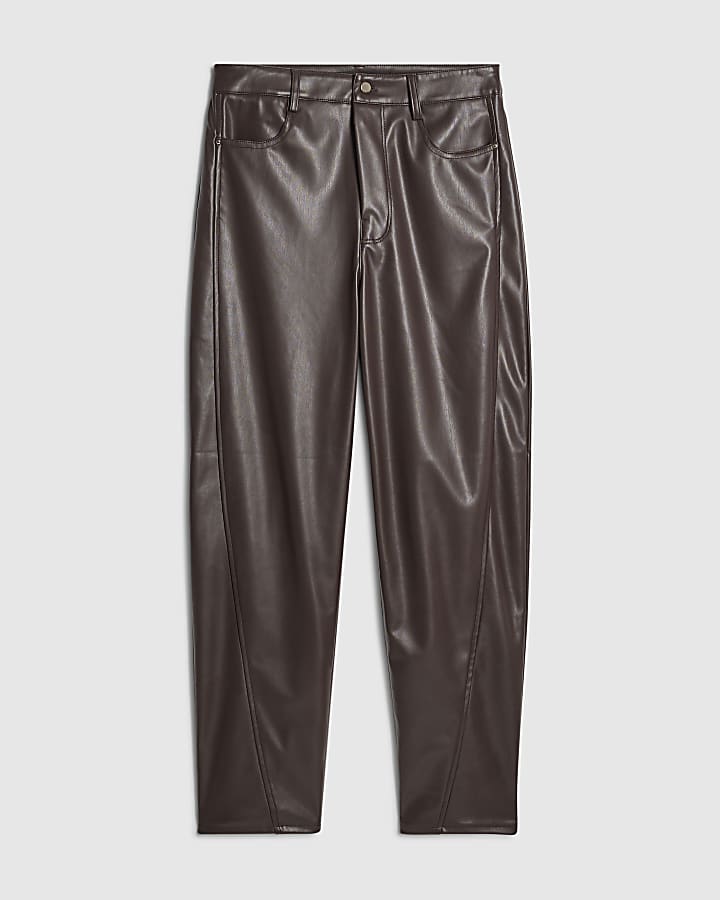 river island Brown Faux Leather Barrel Leg Trousers