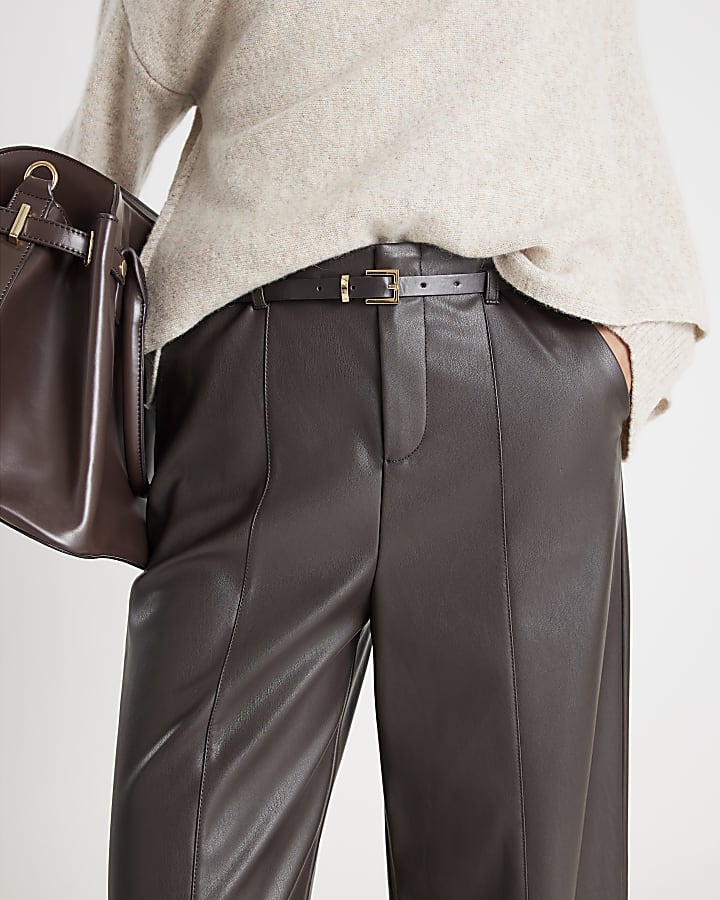 River Island Brown Faux Leather Belted Wide Leg Trousers