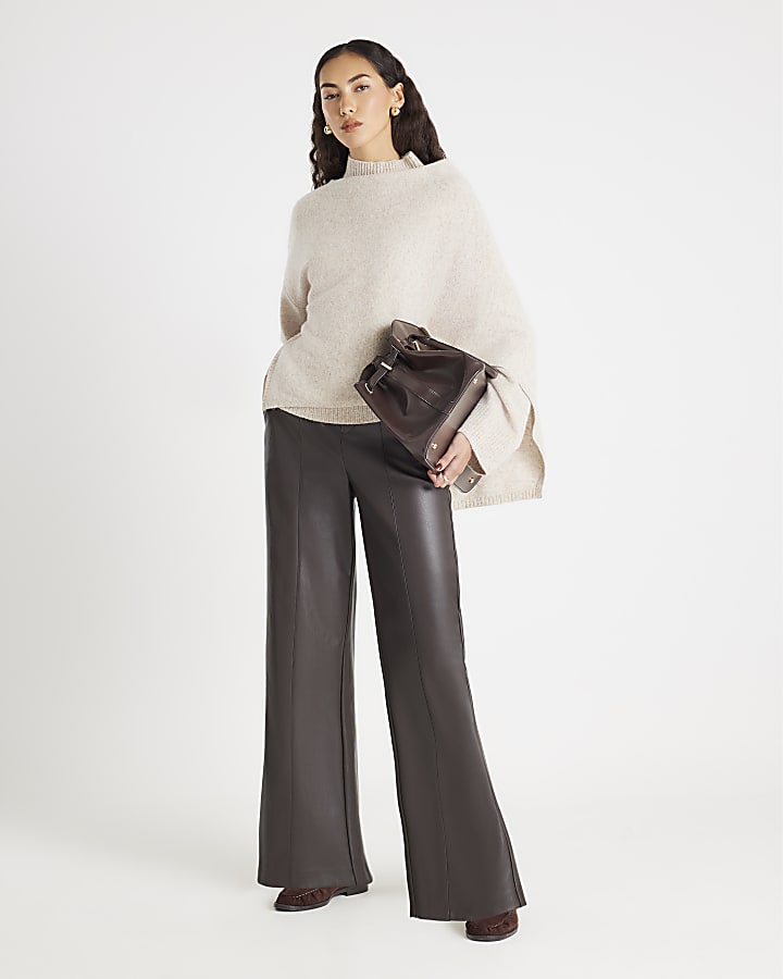 River Island Brown Faux Leather Belted Wide Leg Trousers