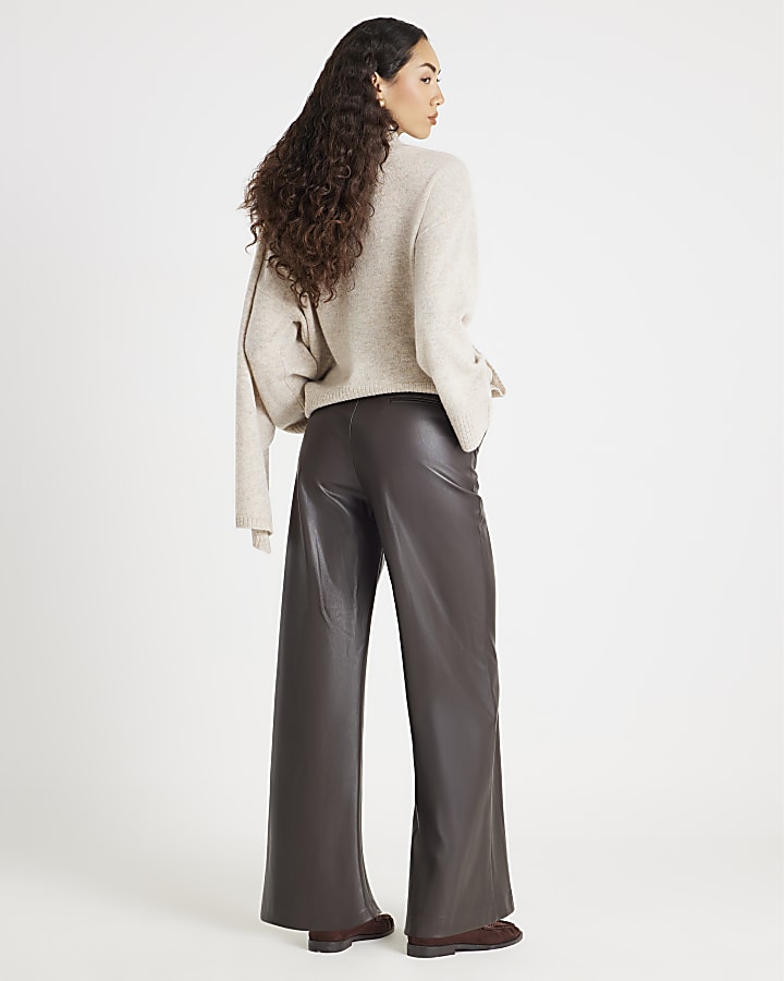 River Island Brown Faux Leather Belted Wide Leg Trousers
