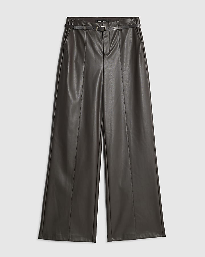 river island Brown Faux Leather Belted Wide Leg Trousers