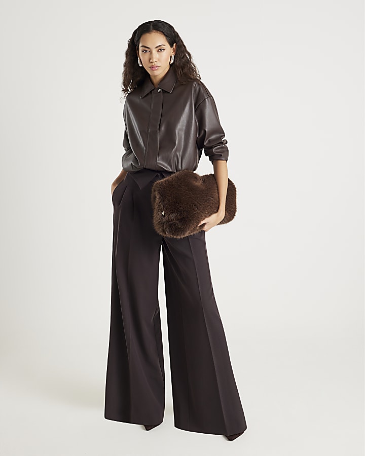 River Island Brown Faux Leather Collared Bomber Jacket