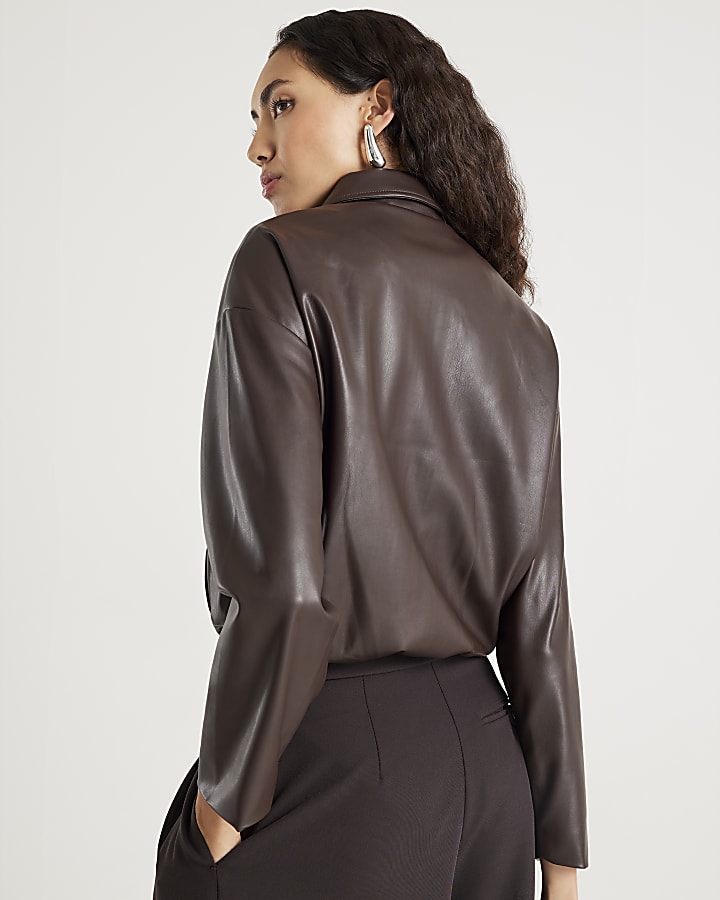 river island Brown Faux Leather Collared Bomber Jacket