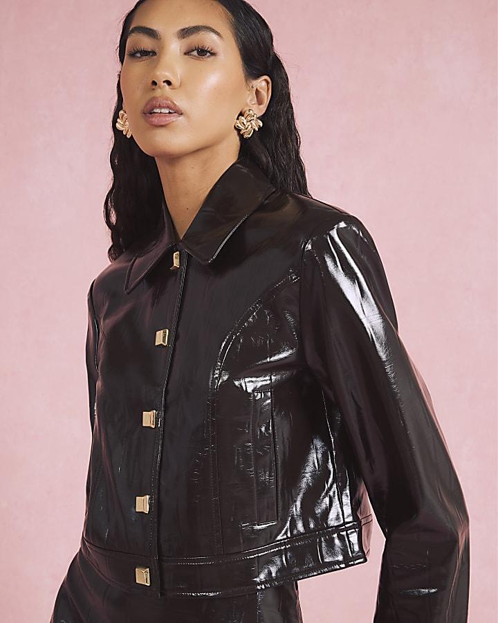 River Island Brown Faux Leather Croc Harrington Jacket