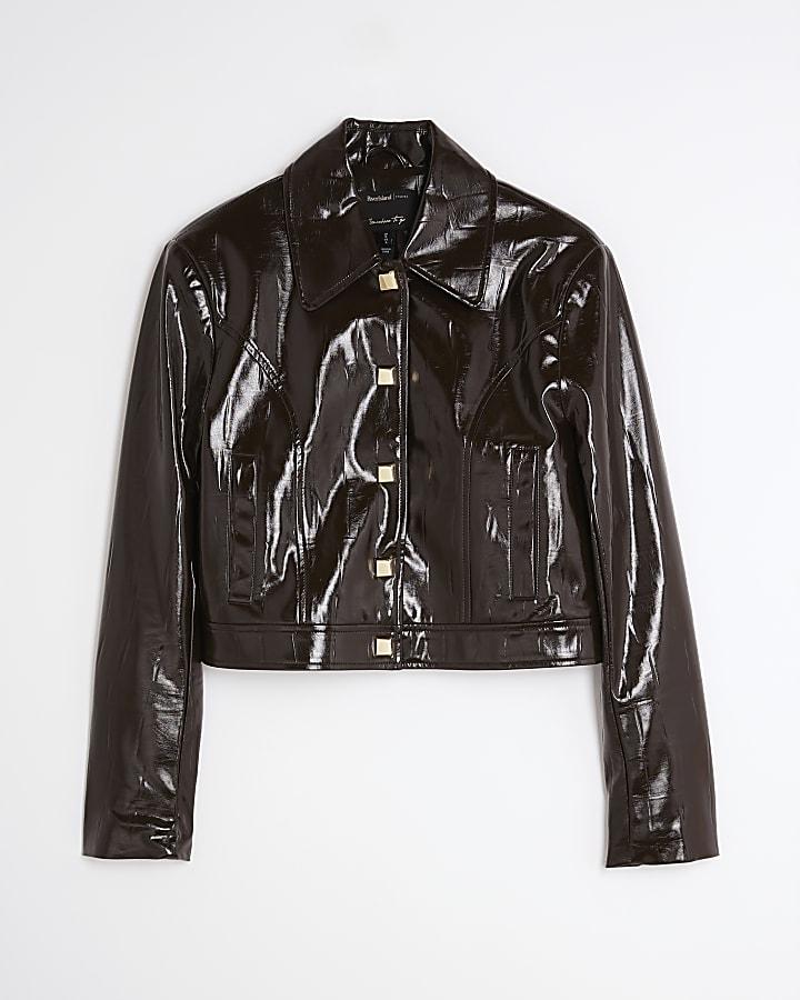 river island Brown faux leather croc Harrington Jacket