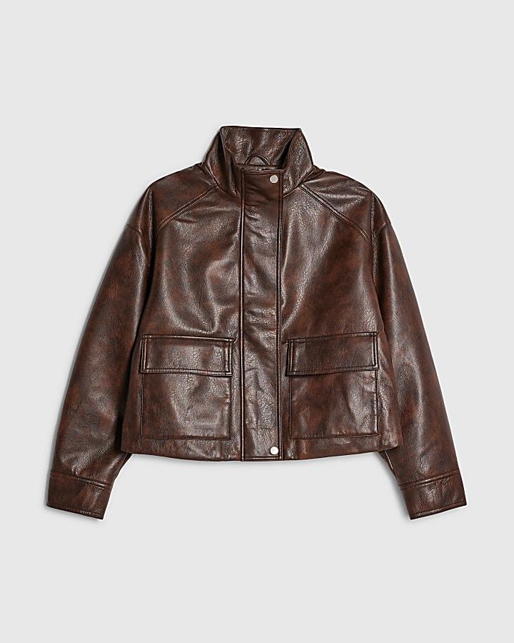 river island Brown Faux Leather Funnel Neck Bomber Jacket