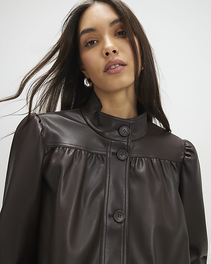 River Island Brown Faux Leather Gathered Sleeve Jacket