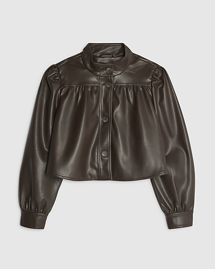 river island Brown Faux Leather Gathered Sleeve Jacket