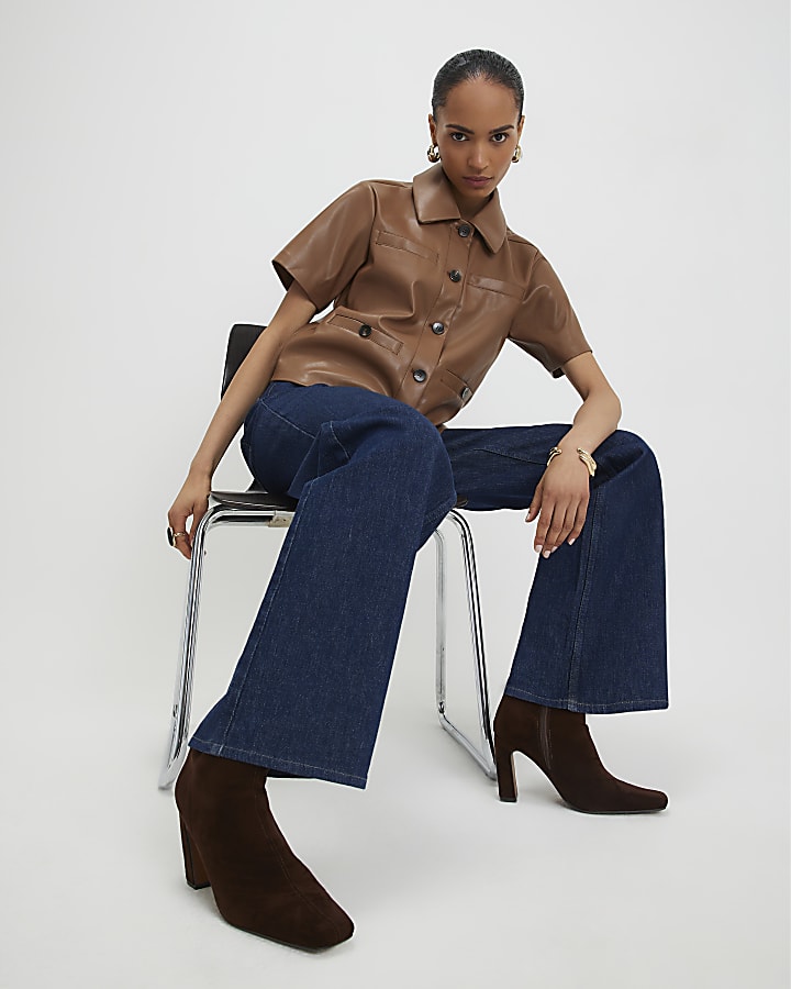 River Island Brown Faux Leather Short Sleeve Pocket Shirt