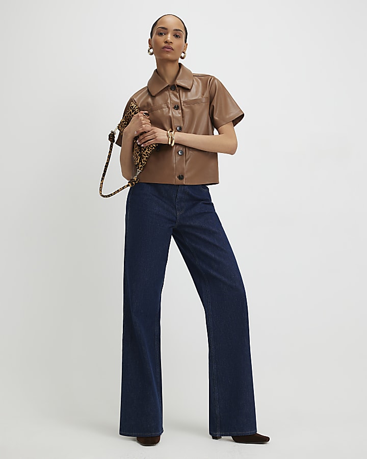 River Island Brown Faux Leather Short Sleeve Pocket Shirt