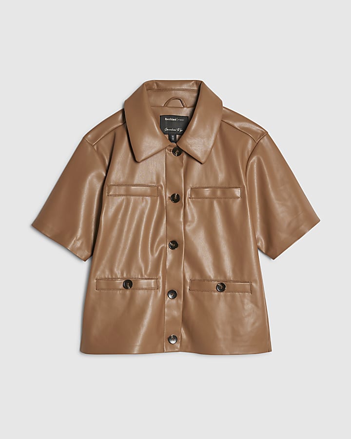 river island Brown Faux Leather Short Sleeve Pocket Shirt