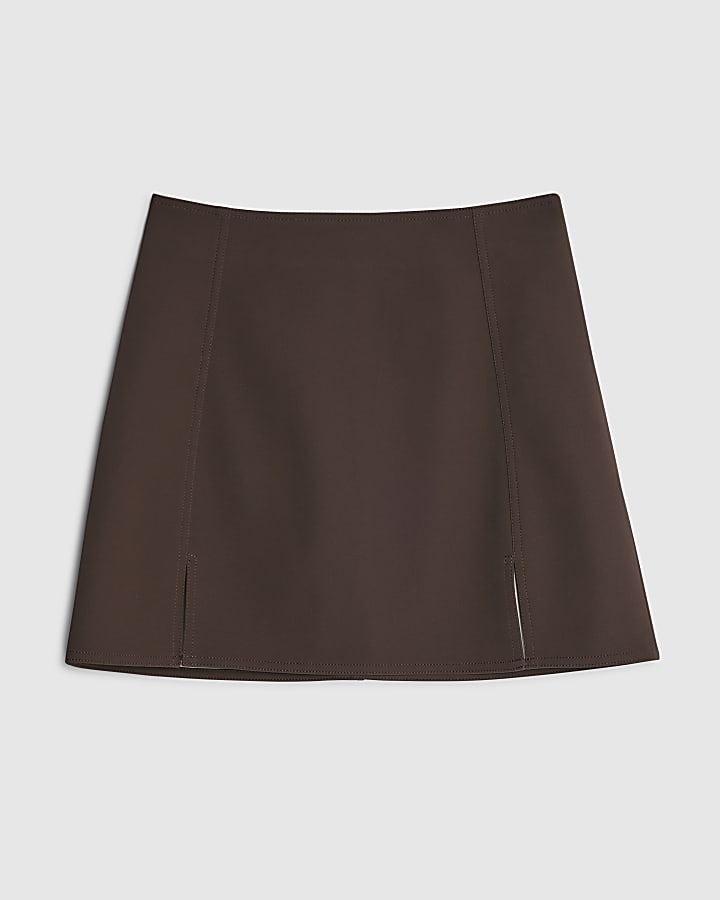 river island Brown Faux Leather Split Hem Mini Skirt