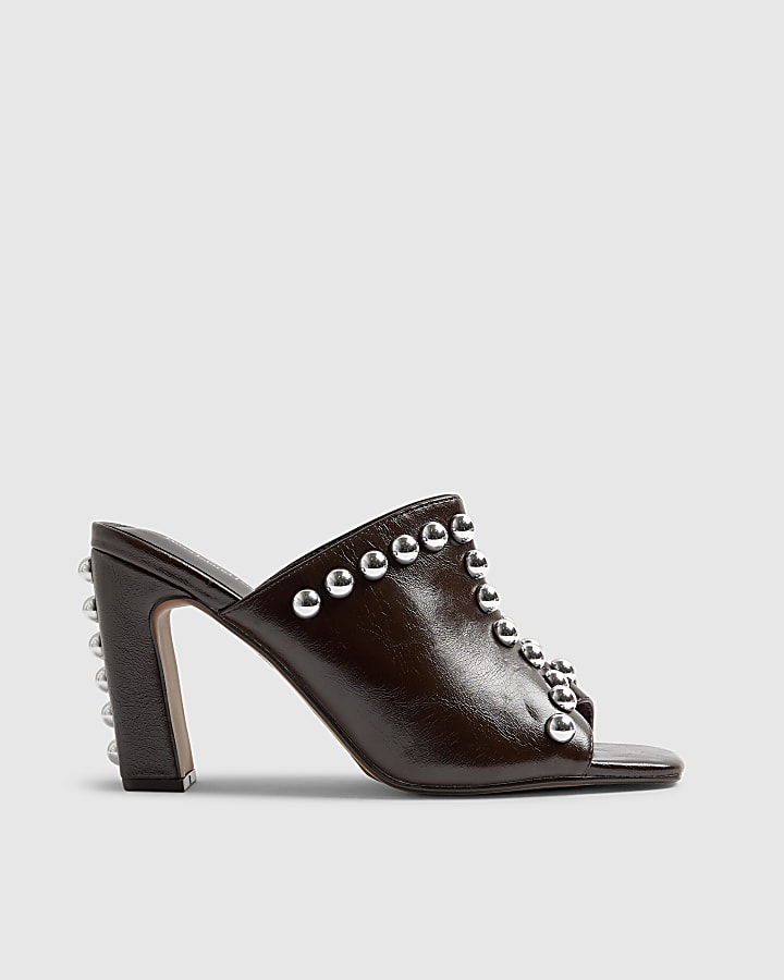 River Island Brown Faux Leather Studded Block Heel Mules