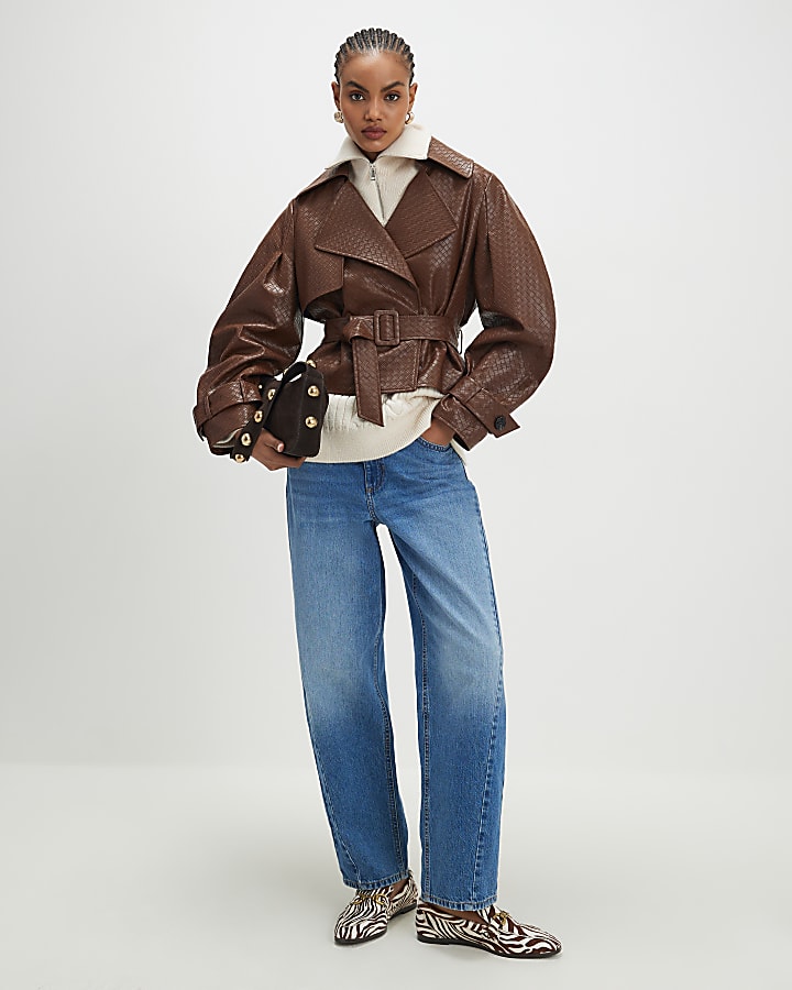 River Island Brown Faux Leather Woven Trench Jacket
