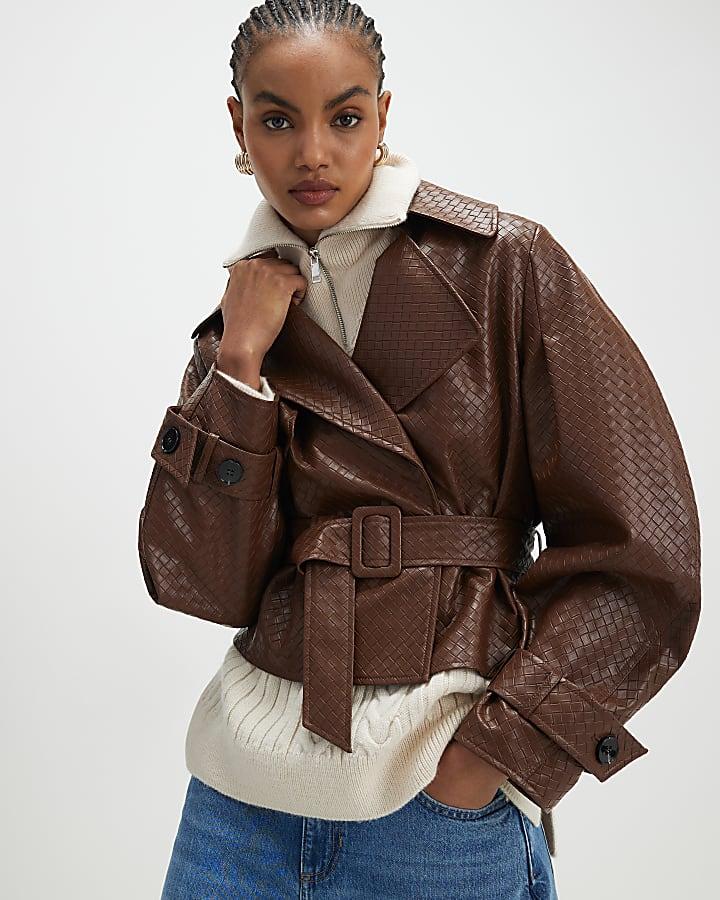 River Island Brown Faux Leather Woven Trench Jacket