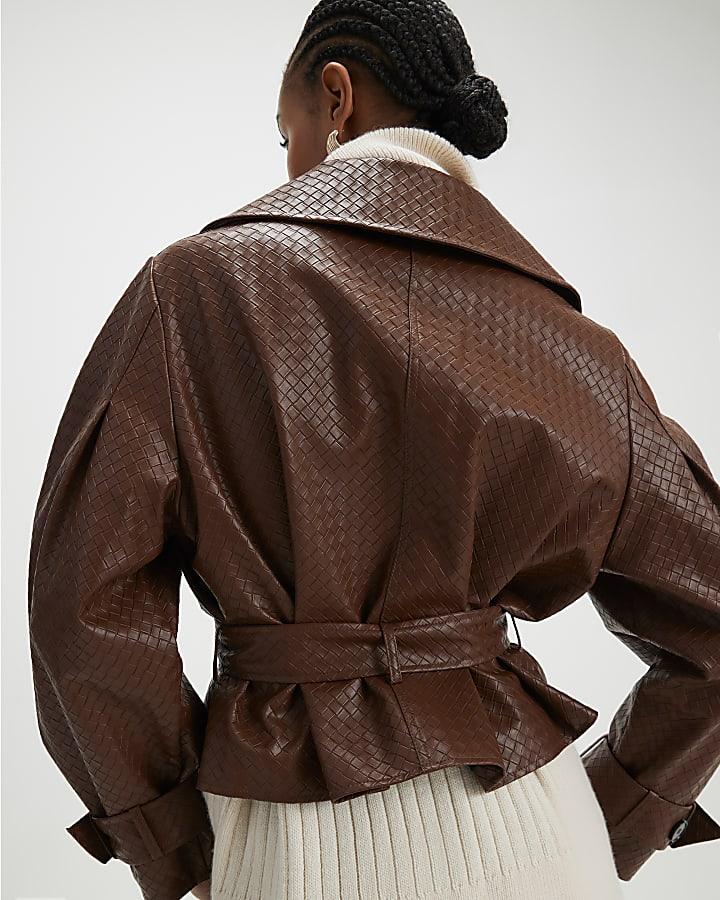 River Island Brown Faux Leather Woven Trench Jacket