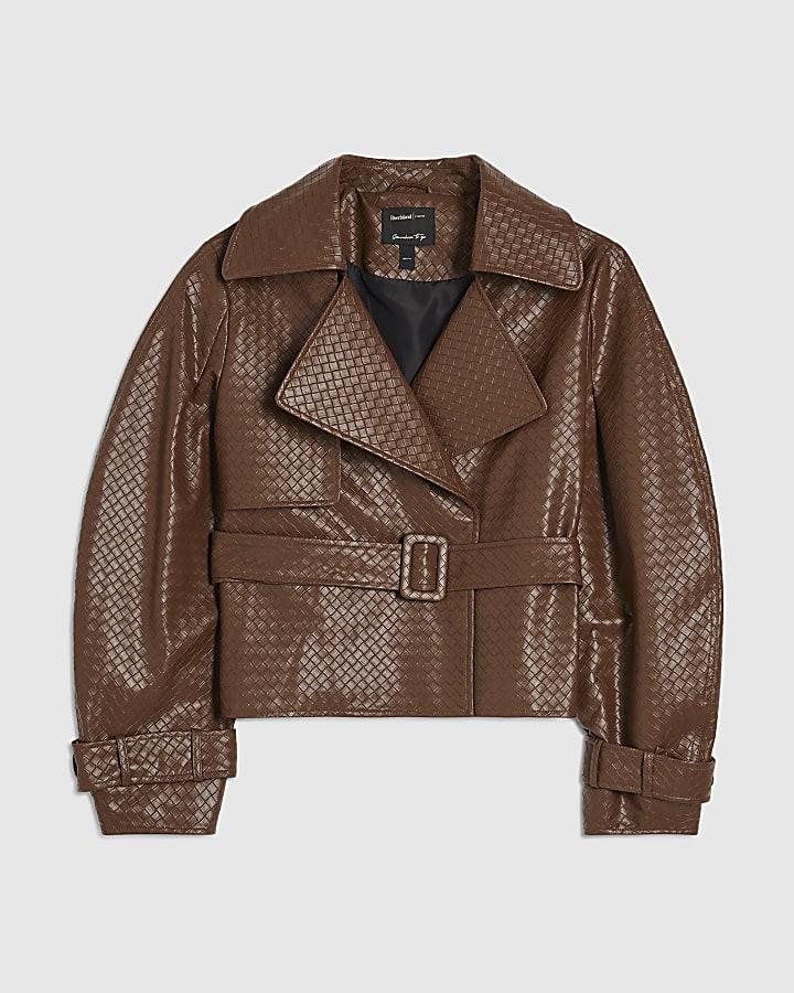 river island Brown Faux Leather Woven Trench jacket