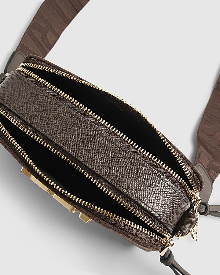 river island Brown Faux Suede Branded Cross Body Bag