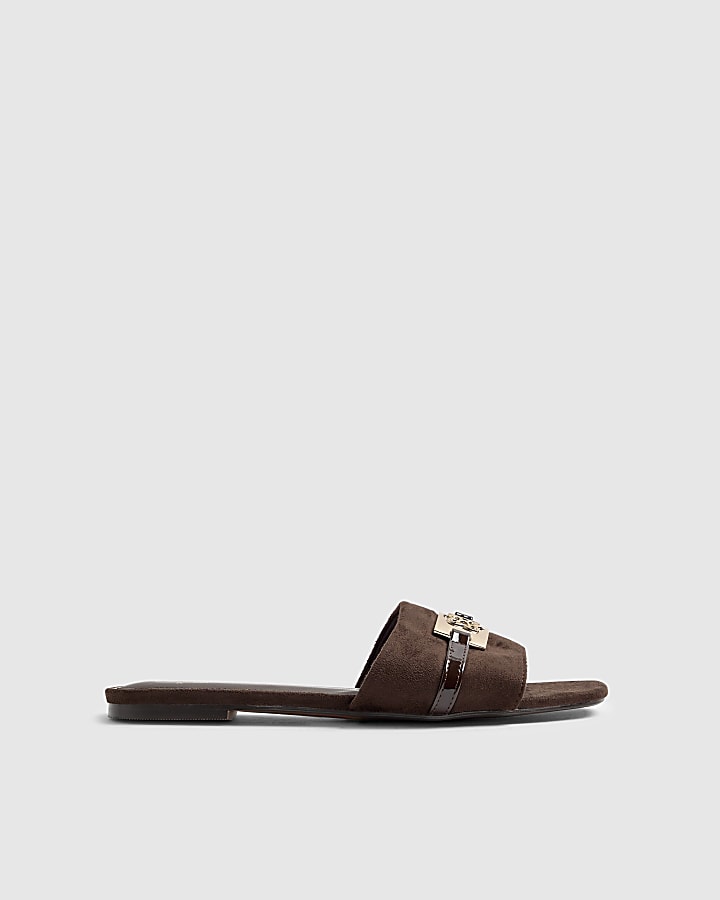 River Island Brown Faux Suede Branded Flat Mule Sandals