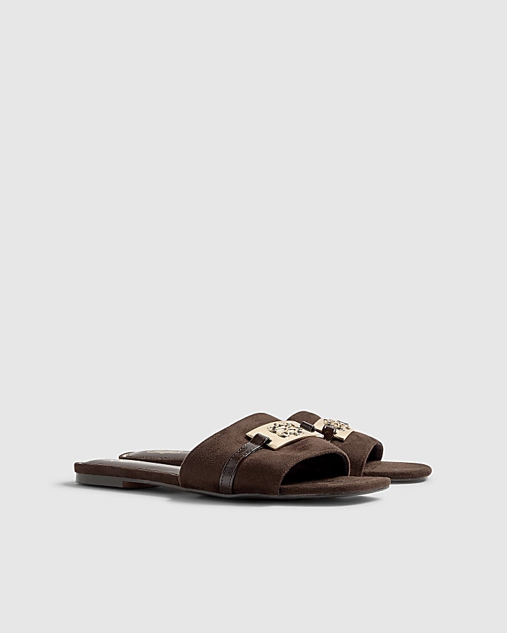 River Island Brown Faux Suede Branded Flat Mule Sandals